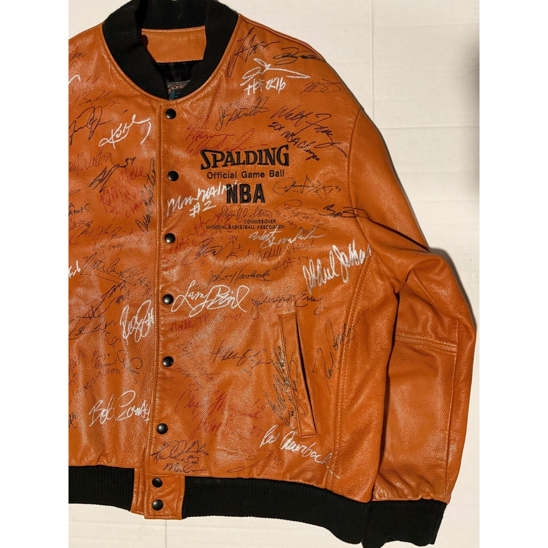 Spalding NBA David Stern Commissioner Leather Basketball Jacket size large signed by 53 of the NBAs greatest players of all time