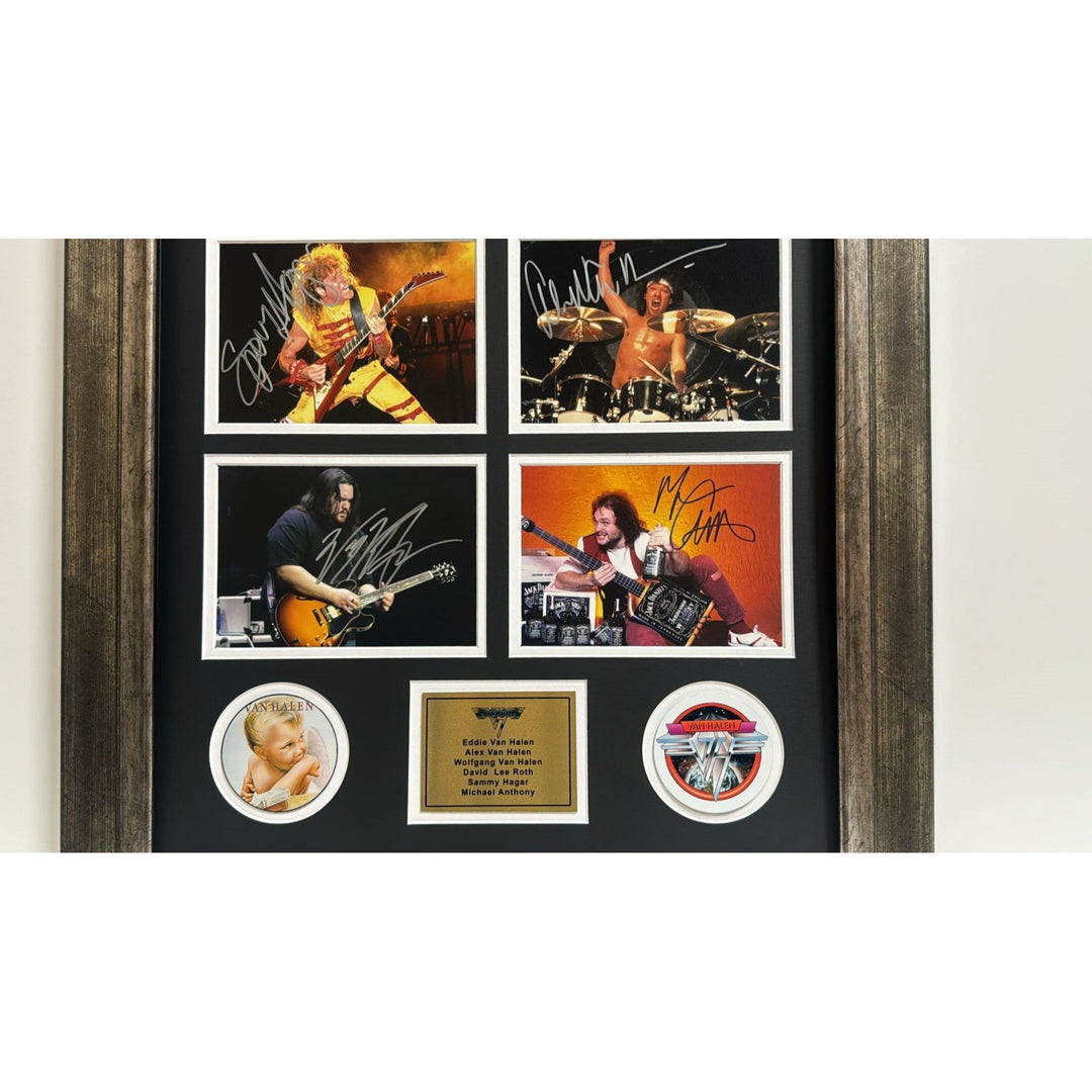 Van Halen David  Lee Roth Alex Van Halen Eddie Van Halen 5x7 photos with Museum quality frame 22x28 and signing proof.