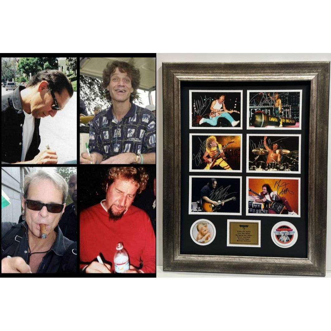 Van Halen David  Lee Roth Alex Van Halen Eddie Van Halen 5x7 photos with Museum quality frame 22x28 and signing proof.