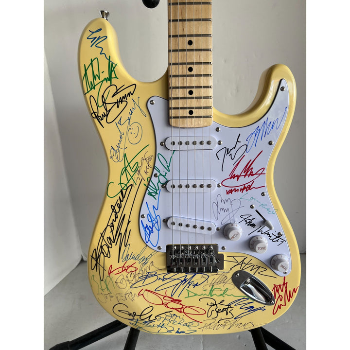 Guitar legends 33 signed in all Angus Young, Paul Simon, Jimmy Page, David Gilmour, Jimmy Hendrix model guitar signed with proof