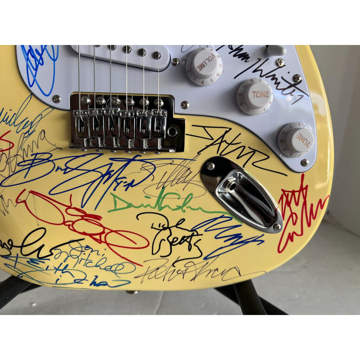 Guitar legends 33 signed in all Angus Young, Paul Simon, Jimmy Page, David Gilmour, Jimmy Hendrix model guitar signed with proof