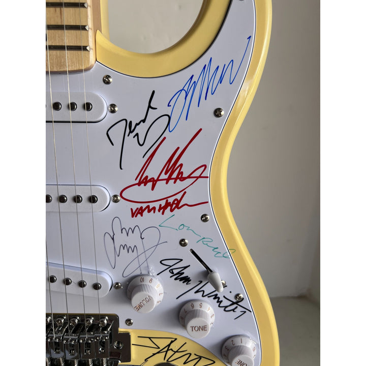 Guitar legends 33 signed in all Angus Young, Paul Simon, Jimmy Page, David Gilmour, Jimmy Hendrix model guitar signed with proof