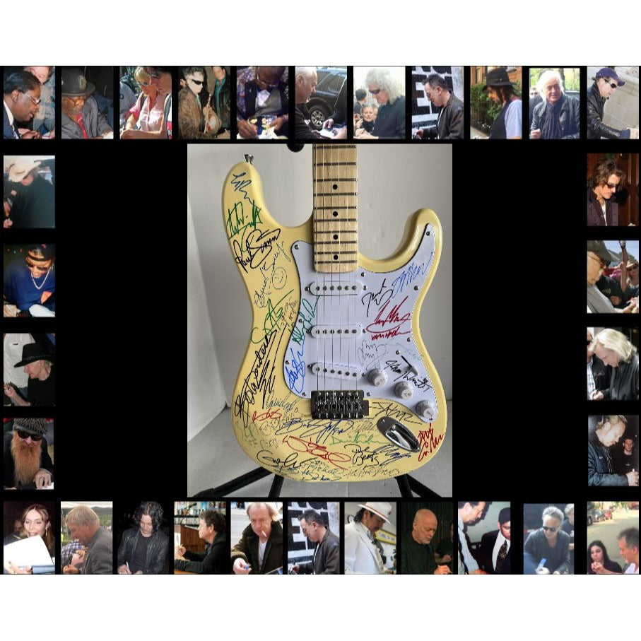 Guitar legends 33 signed in all Angus Young, Paul Simon, Jimmy Page, David Gilmour, Jimmy Hendrix model guitar signed with proof