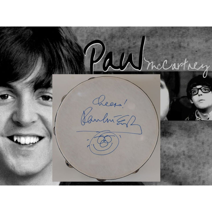 Paul McCartney 14-in tambourine with Sketch and inscription and signing proof Awesome Artifacts