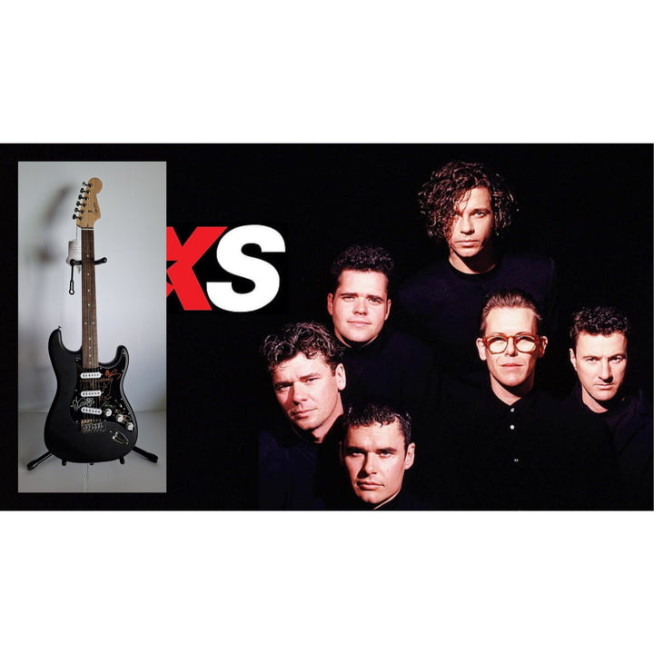 Garry Gary Beers, Michael Hutchence, Jon, Andrew, Tim Farriss, INXS, Fender Stratocaster electric guitar signed with proof