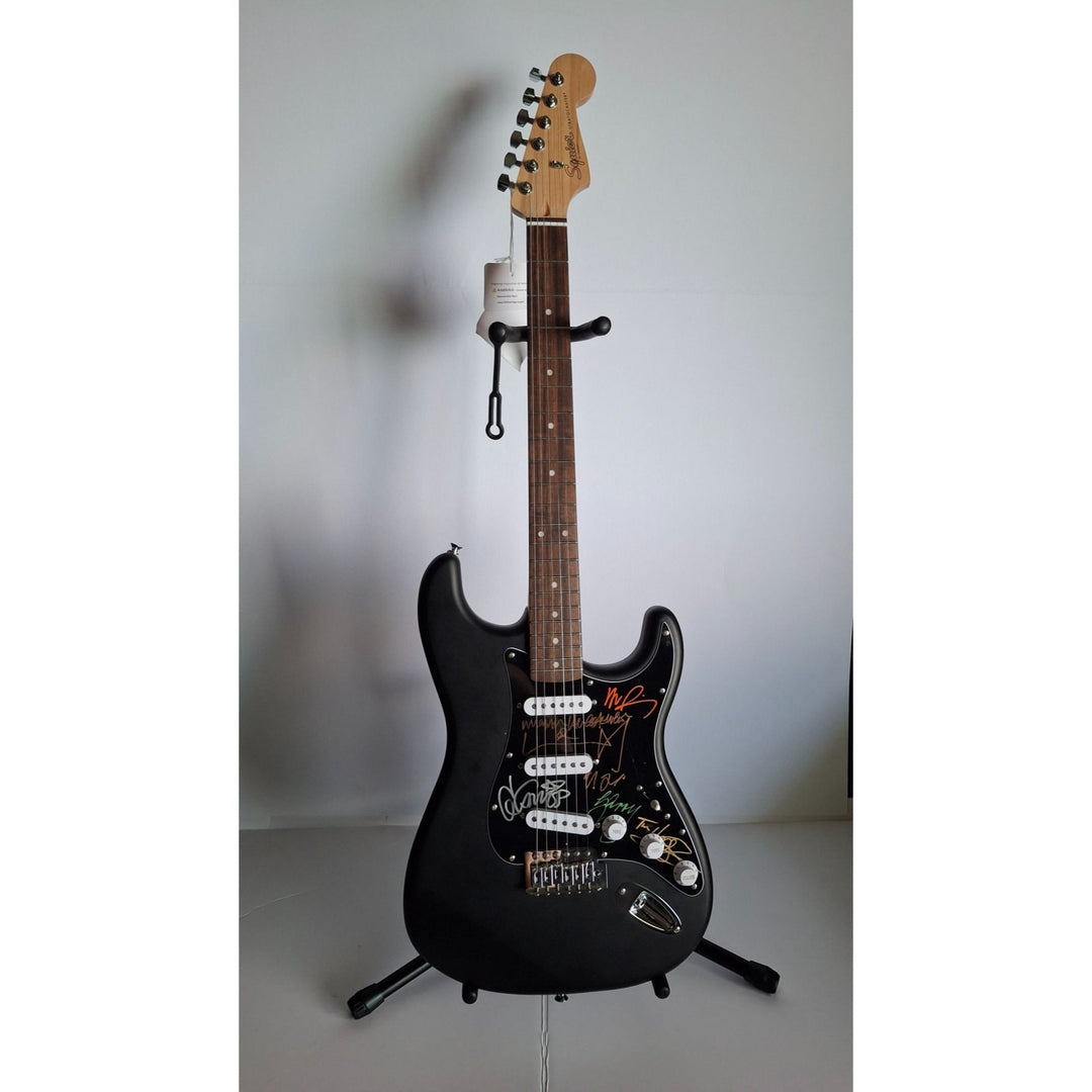 Garry Gary Beers, Michael Hutchence, Jon, Andrew, Tim Farriss, INXS, Fender Stratocaster electric guitar signed with proof