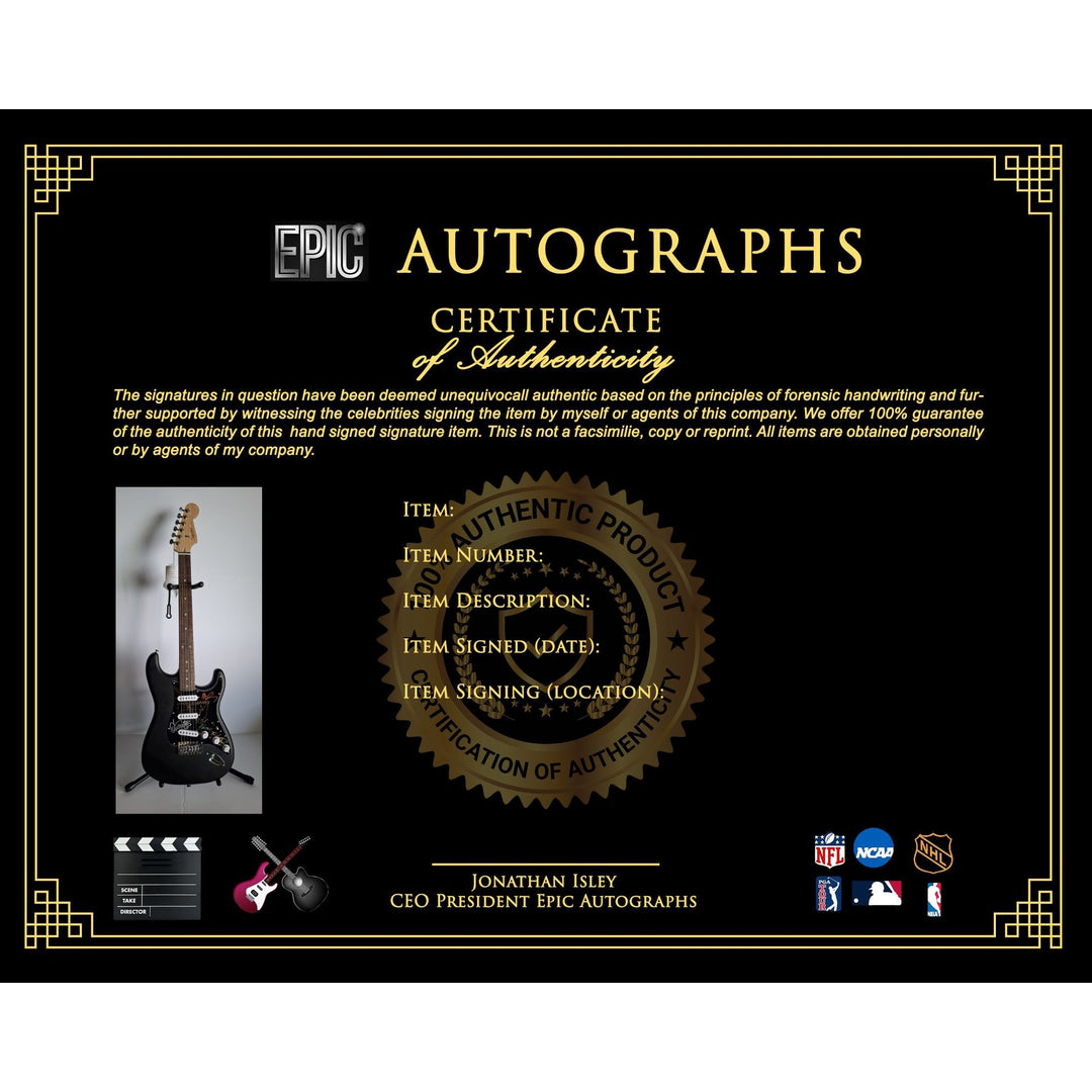 Garry Gary Beers, Michael Hutchence, Jon, Andrew, Tim Farriss, INXS, Fender Stratocaster electric guitar signed with proof