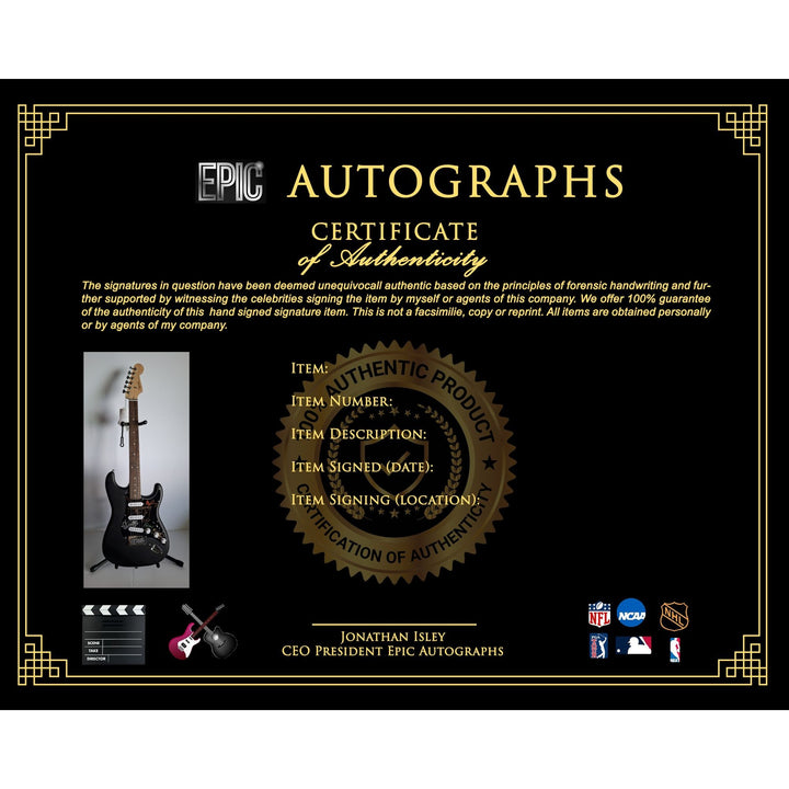 Garry Gary Beers, Michael Hutchence, Jon, Andrew, Tim Farriss, INXS, Fender Stratocaster electric guitar signed with proof