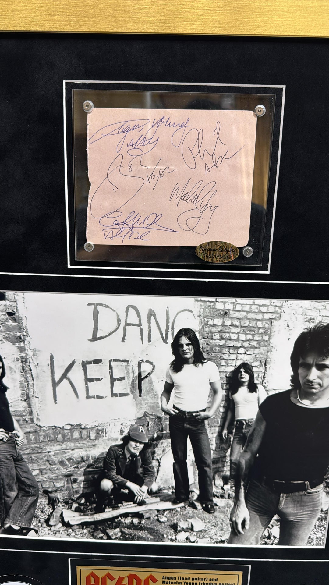 ACDC vintage autograph book page signed by original members Bon Scott Angus and Malcolm Young,  Phil Rudd & Cliff Williams