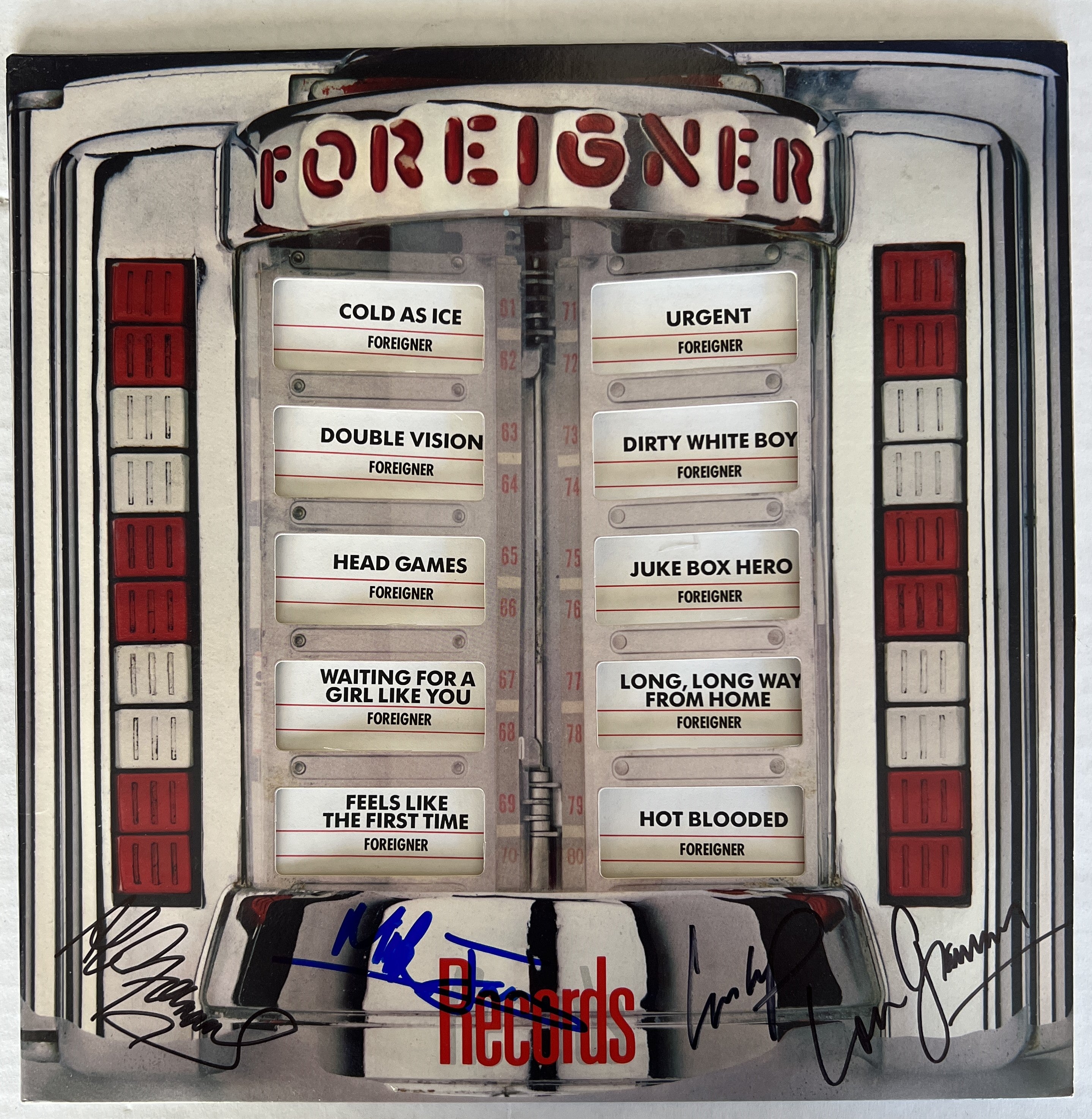 Mick Jones and Lou Gramm, Dennis Elliott, Rick Wills Foreigner LP with proof