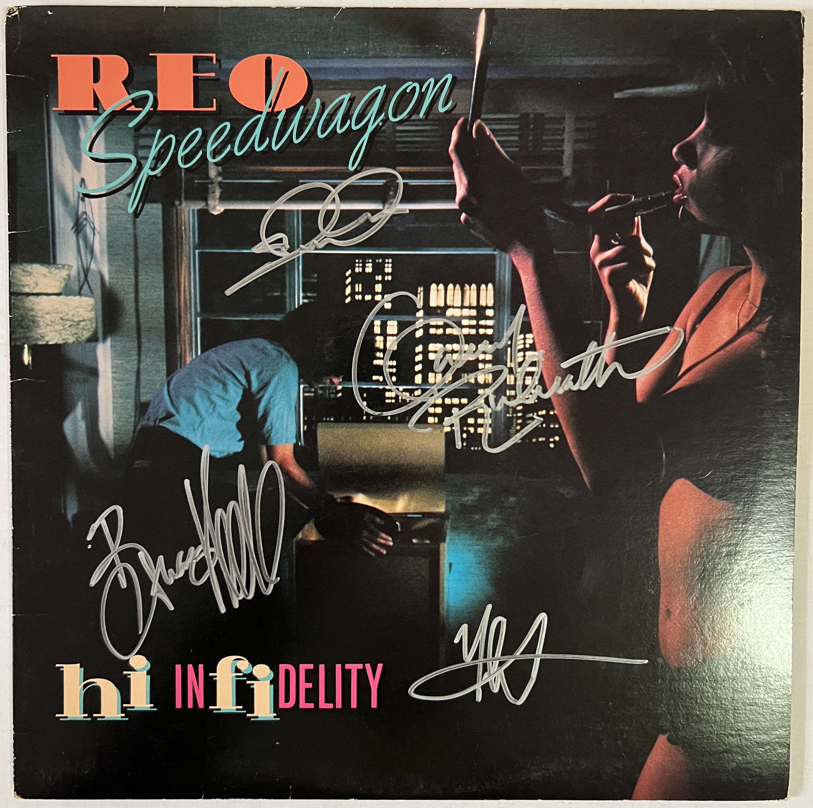Reo Speedwagon Neil Doughty Bruce Hall "High Infidelity" LP signed with proof