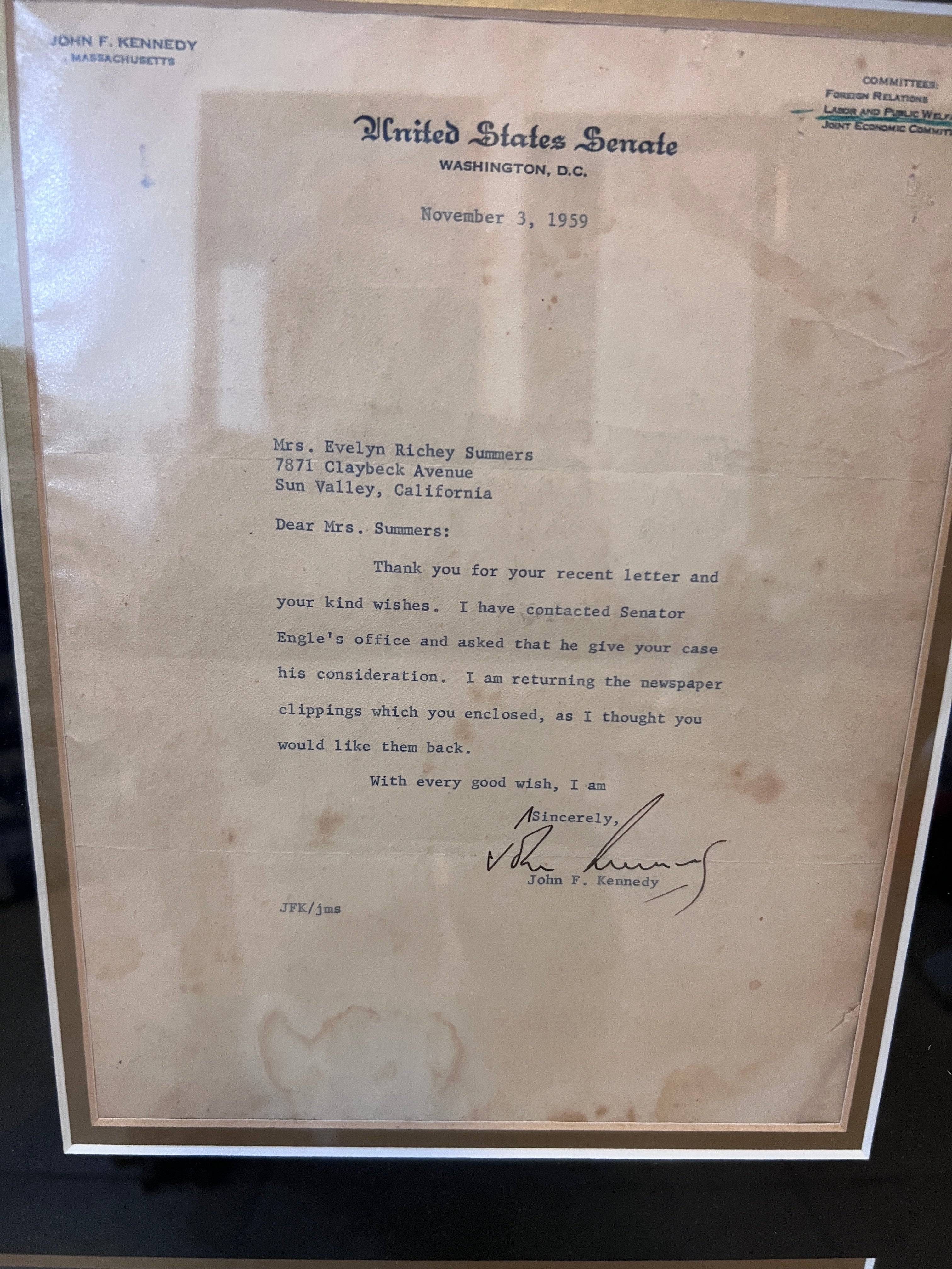 John F. Kennedy framed letter signed on official document 36 by 33