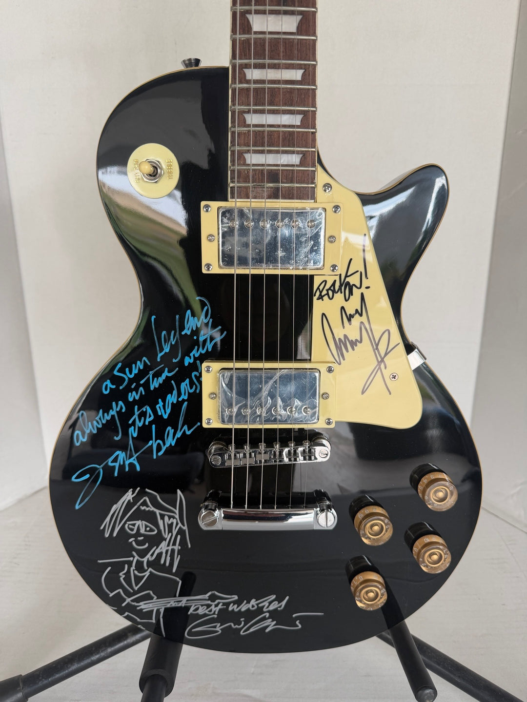 The  Yardbirds Jimmy Page Eric Clapton & Jeff Beck vintage black Les Paul Electric Guitar signed with proof.