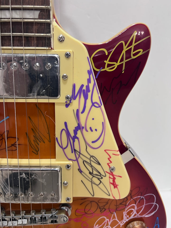 Guitar legends 36 signed in all Angus Young, Paul Simon, Jimmy Page, David Gilmour, Jimmy Hendix model guitar signed with proof