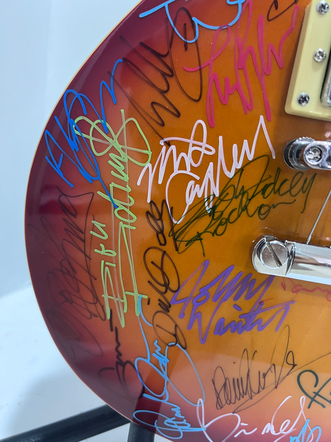 Guitar legends 36 signed in all Angus Young, Paul Simon, Jimmy Page, David Gilmour, Jimmy Hendix model guitar signed with proof