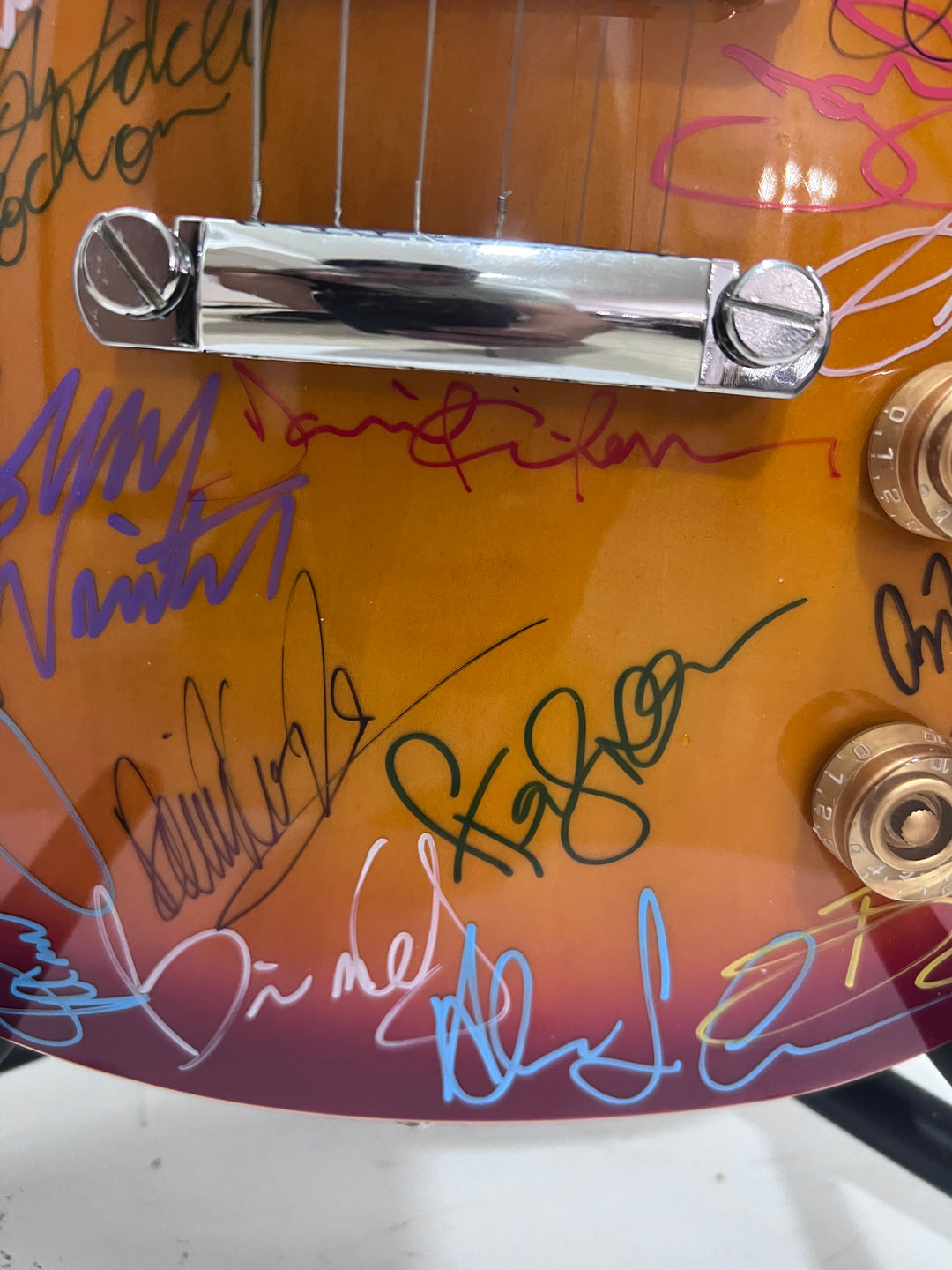 Guitar legends 36 signed in all Angus Young, Paul Simon, Jimmy Page, David Gilmour, Jimmy Hendix model guitar signed with proof