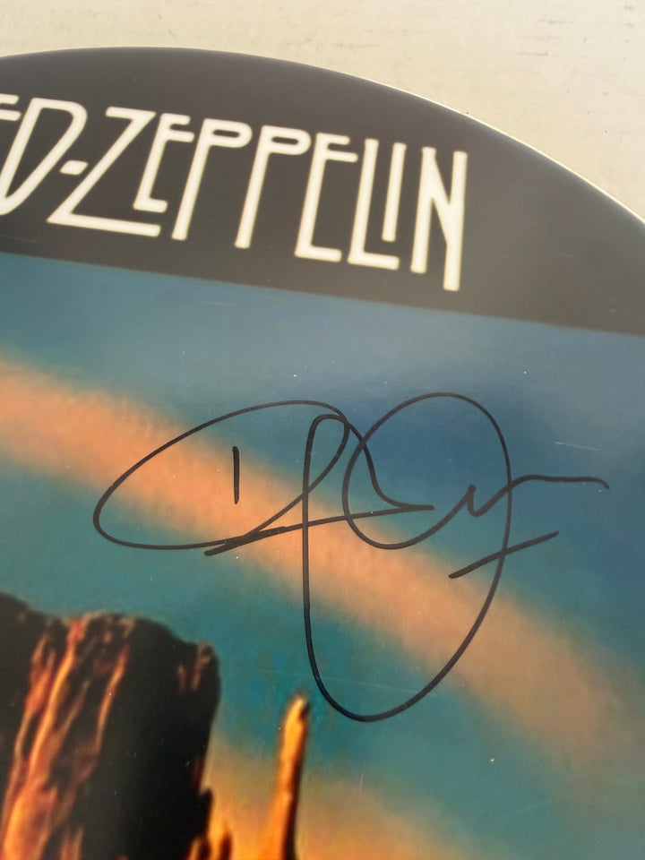 Led Zeppelin Jimmy Page Robert Plant & John Paul Jones drumhead signed with proof