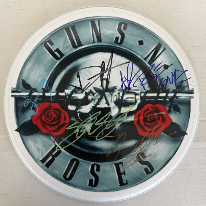 Guns n' Roses Slash, Axl Rose, Duff, Steven Adler, Izzy Stradlin one-of-a-kind drumhead signed with proof