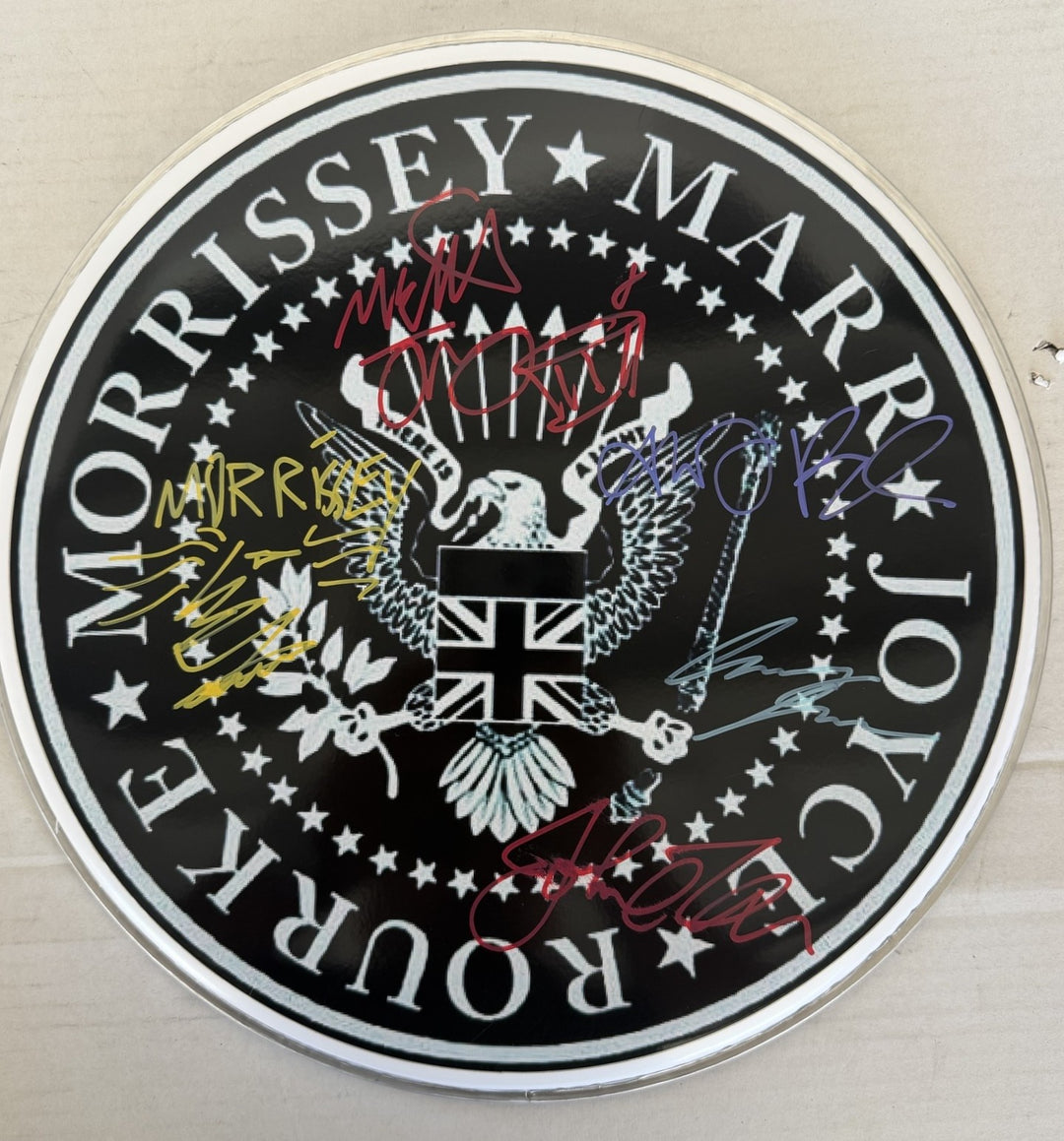 Steven Patrick Morrissey Johnny Marr, Andy Rourke, Mike Joyce, The Smiths Drumhead signed with proof