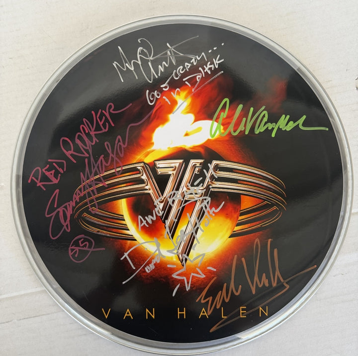 Van Halen David Lee Roth , Sammy Hagar, Eddie & Alex Van Halen MIchael Anthony one-of-a-kind drumhead signed with proof