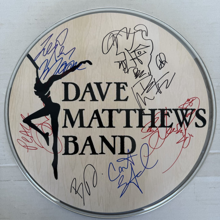 Dave Mathews Stefan Lessard, LeRoi Moore, Boyd Tinsley, Carter Beauford one-of-a-kind drumhead signed with proof
