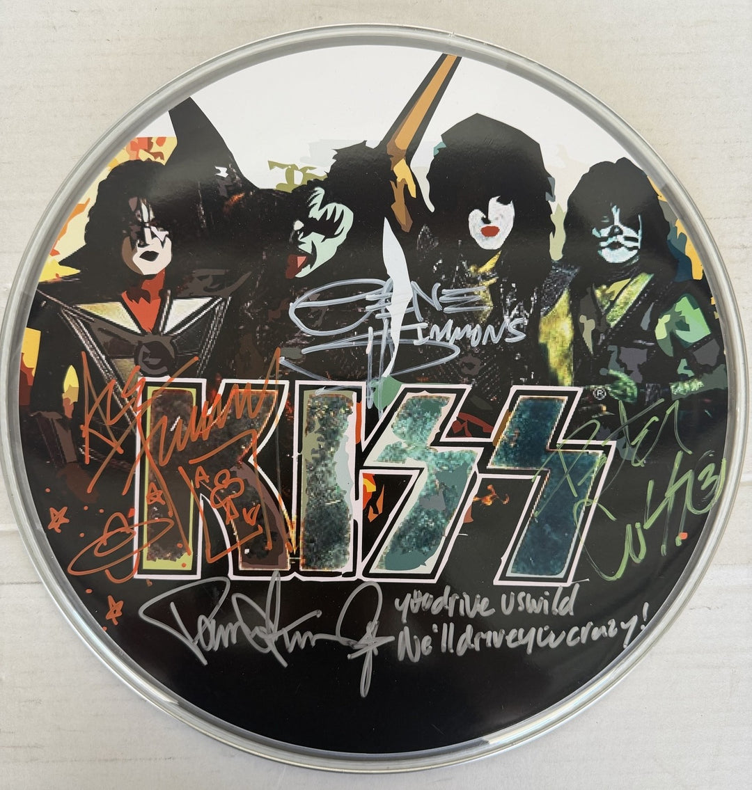 Kiss Gene Simmons, Paul Stanley, Peter Chris, Ace Frehley one-of-a-kind drumhead signed with proof