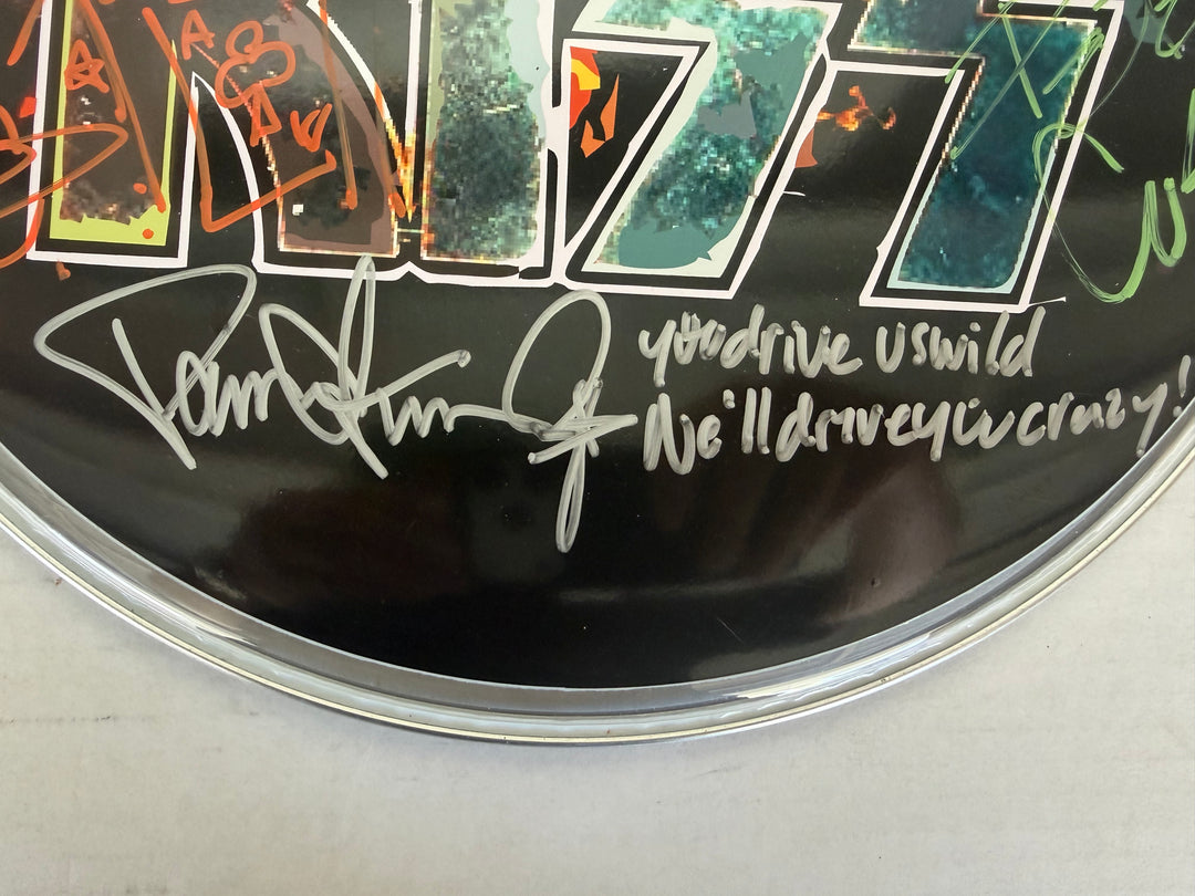 Kiss Gene Simmons, Paul Stanley, Peter Chris, Ace Frehley one-of-a-kind drumhead signed with proof