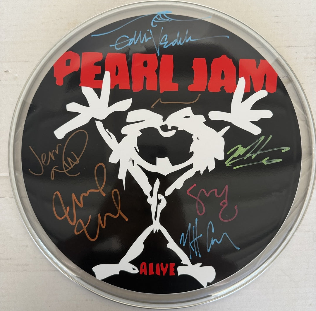 Pearl Jam Eddie Vedder, Mike McCready, Stone Gossard, Jeff Ament one-of-a-kind drumhead signed with proof