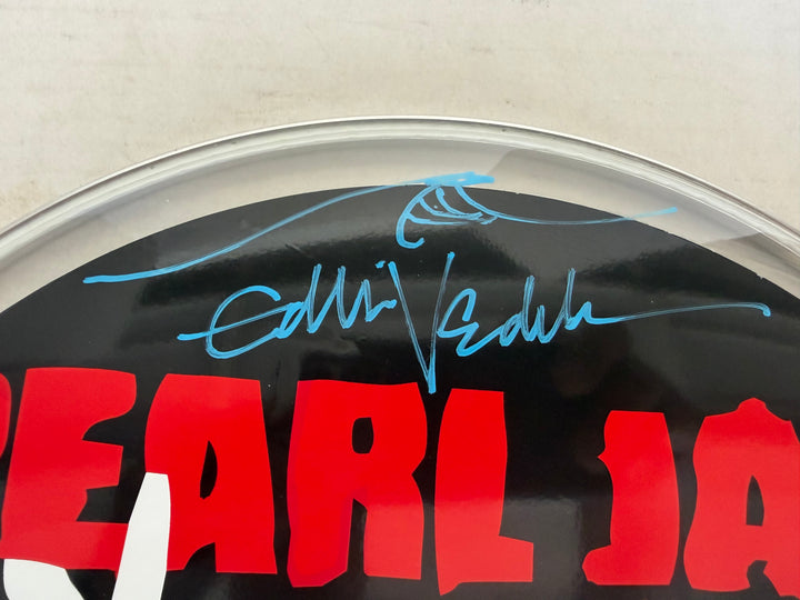 Pearl Jam Eddie Vedder, Mike McCready, Stone Gossard, Jeff Ament one-of-a-kind drumhead signed with proof