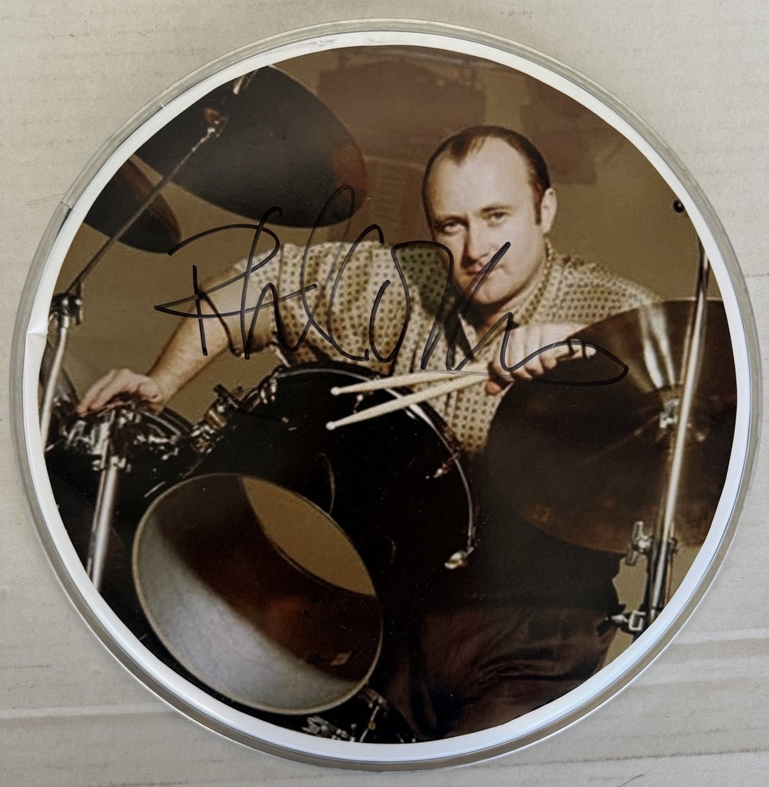 Phil Collins iconic Genesis drummer one of a kind drumhead signed with proof