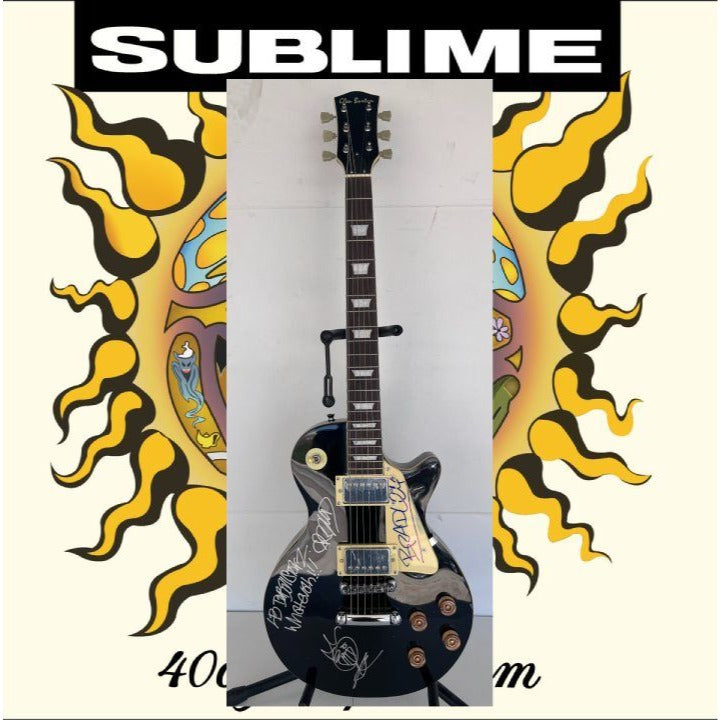Sublime Bradley Nowell, Eric Wilson, and Bud Gaugh vintage black les paul full size electric guitar signed with sketch/ inscription.