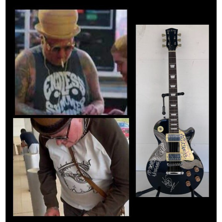 Sublime Bradley Nowell, Eric Wilson, and Bud Gaugh vintage black les paul full size electric guitar signed with sketch/ inscription.
