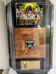 Milwaukee Bucks Giannis Antetokounmpo NBA champions 2020-2021 team parquet floorboard signed & framed 32x18 with proof