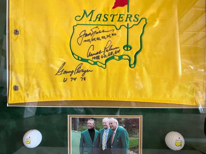 Jack Nicklaus, Arnold Plamer, Gary Player Masters Golf Tournament pin flag signed and framed 32x24 with proof