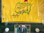 Load image into Gallery viewer, Jack Nicklaus, Arnold Plamer, Gary Player Masters Golf Tournament pin flag signed and framed 32x24 with proof
