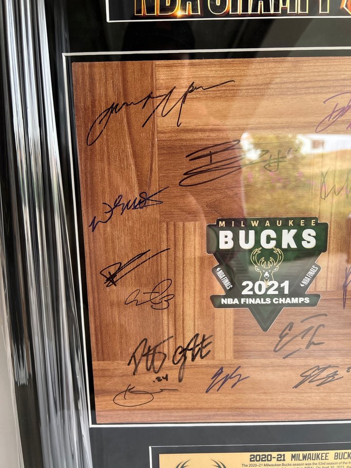 Milwaukee Bucks Giannis Antetokounmpo NBA champions 2020-2021 team parquet floorboard signed & framed 32x18 with proof