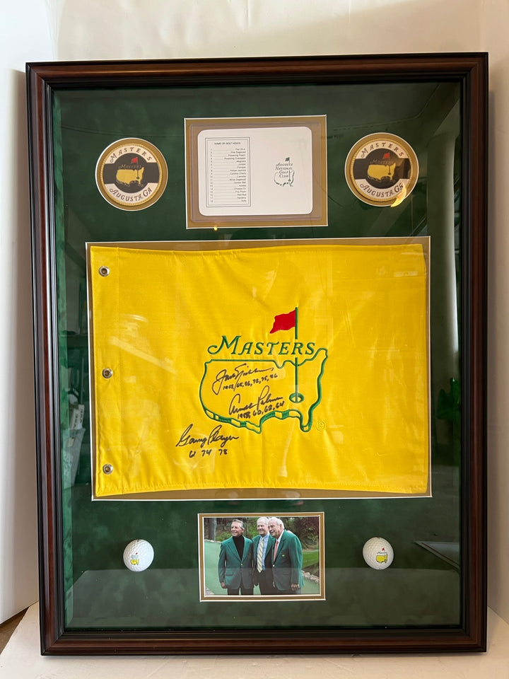 Jack Nicklaus, Arnold Plamer, Gary Player Masters Golf Tournament pin flag signed and framed 32x24 with proof