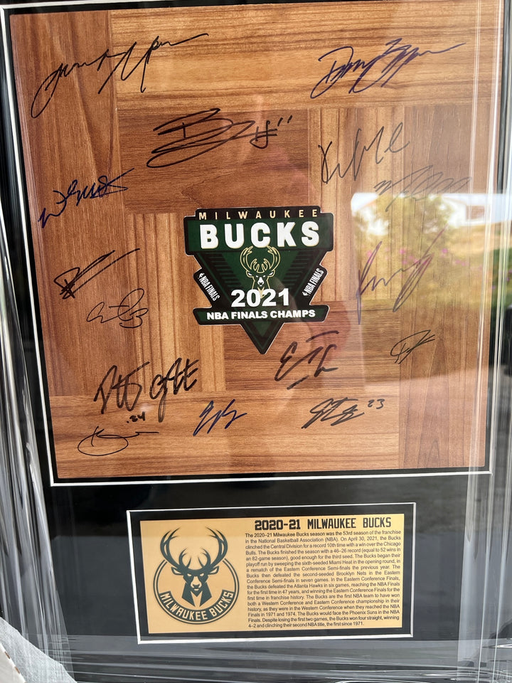 Milwaukee Bucks Giannis Antetokounmpo NBA champions 2020-2021 team parquet floorboard signed & framed 32x18 with proof