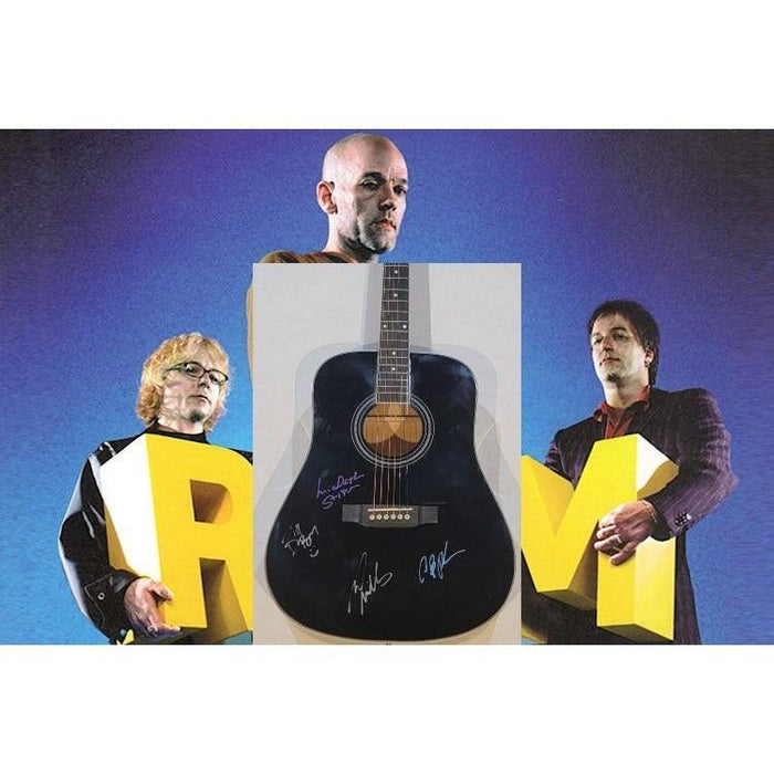 R E M Michael Stipe Bill Berry Peter Buck Mike Mills full size acoustic guitar signed with proof