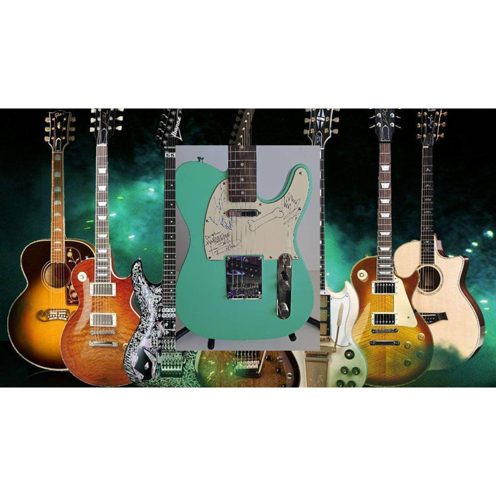 Jimmy Page, Brian May, & Keith Richards sea foam green Fender telecaster electric guitar signed with proof