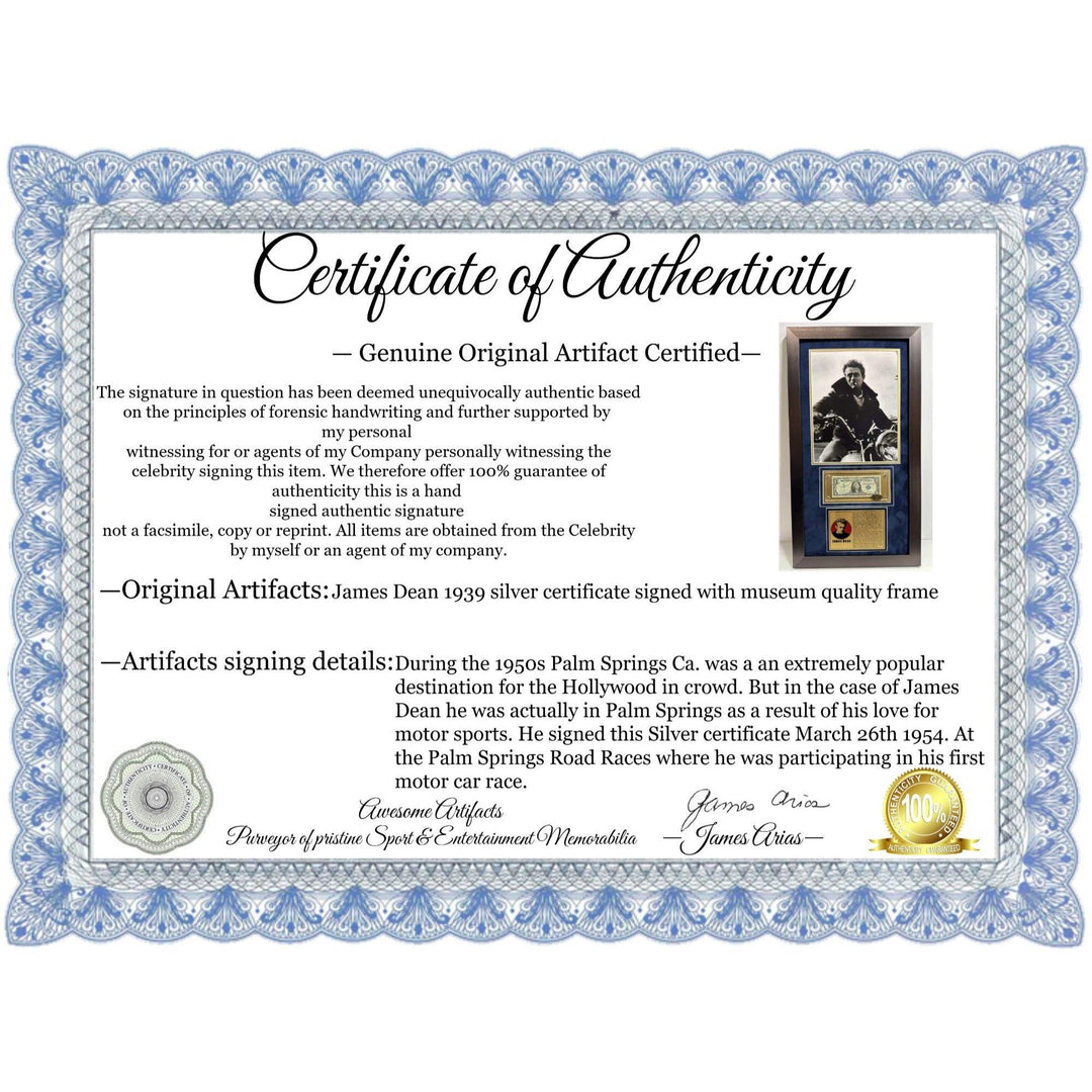 James Dean 1939 silver certificate signed with museum quality frame