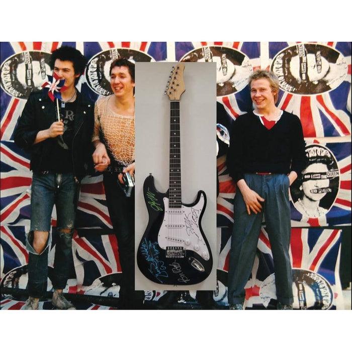The Sex Pistols John Lyndon "Johnny Rotten", Glen Matlock, Paul Cook, Steve Jones stratcasster electric guitar signed with proof