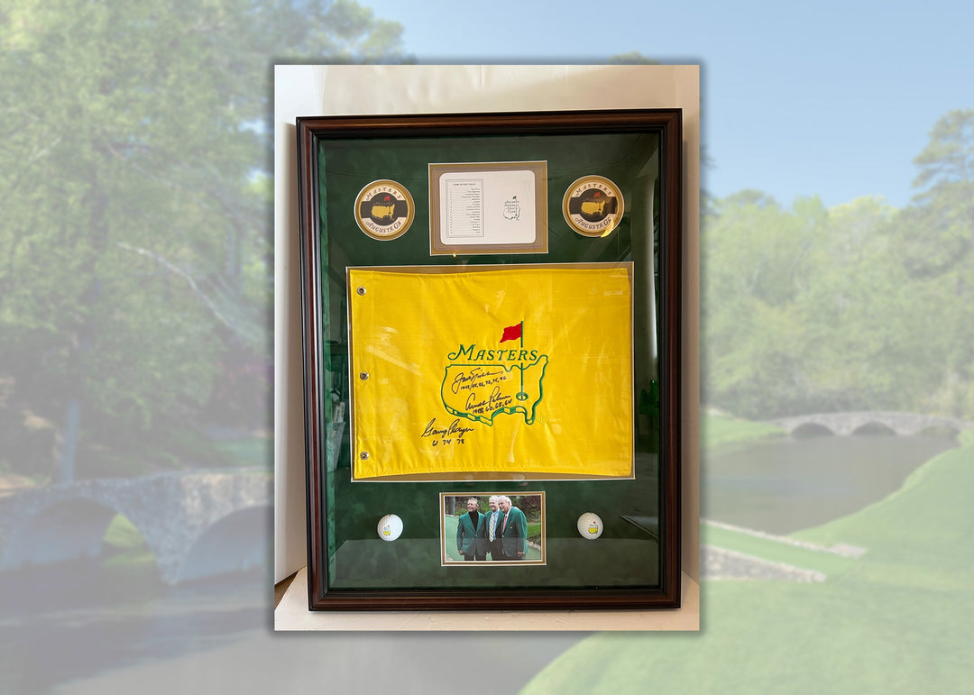 Jack Nicklaus, Arnold Plamer, Gary Player Masters Golf Tournament pin flag signed and framed 32x24 with proof