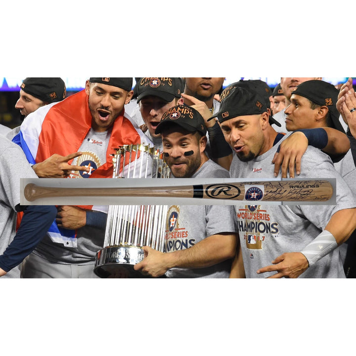 Houston Astros World Series champions Jose Altuve, Alex Bregman, Carlos Correa Justin Verlander team baseball bat signed with proof.