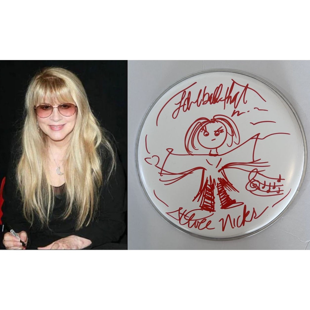 Stevie Nicks signed with hand sketch drumhead and signing proof