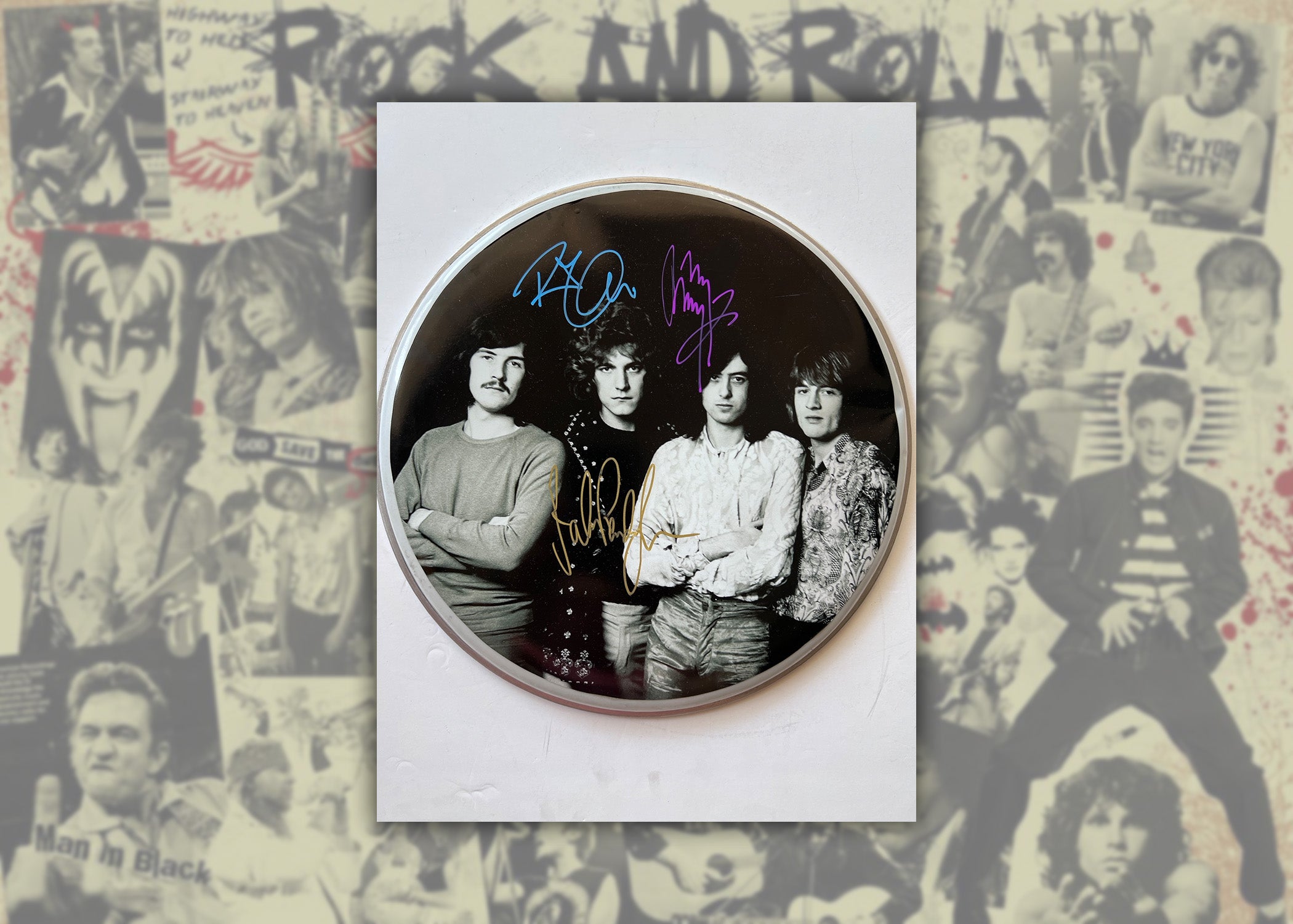 Jimmy Page, Robert Plant, John Paul Jones Led Zeppelin one-of-a-kind drumhead signed with proof