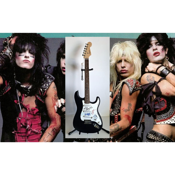 Motley Crue, Tommy Lee, Mick Mars, Nixxi Sixx, Vince Neal, Fender Stratocaster Squier electric guitar signed with proof