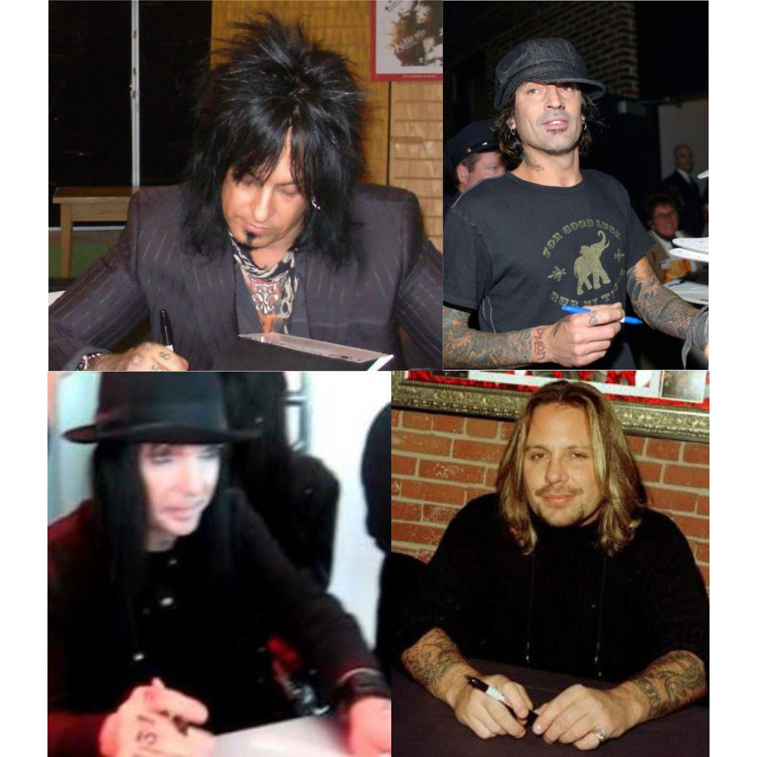Motley Crue, Tommy Lee, Mick Mars, Nixxi Sixx, Vince Neal, Fender Stratocaster Squier electric guitar signed with proof