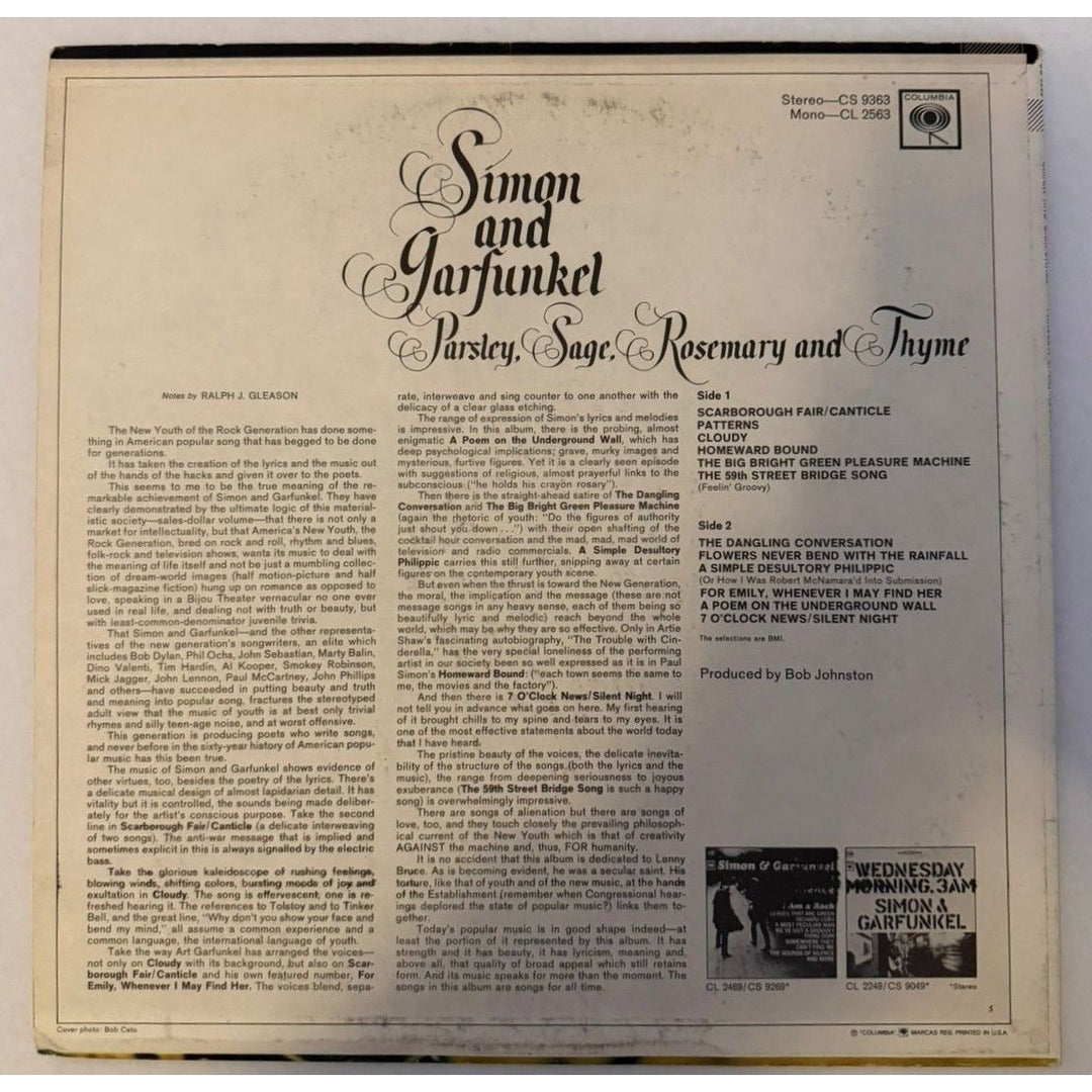Paul Simon Art Garfunkel "Parsley Sage Rosemary and Thyme" LP signed with proof.
