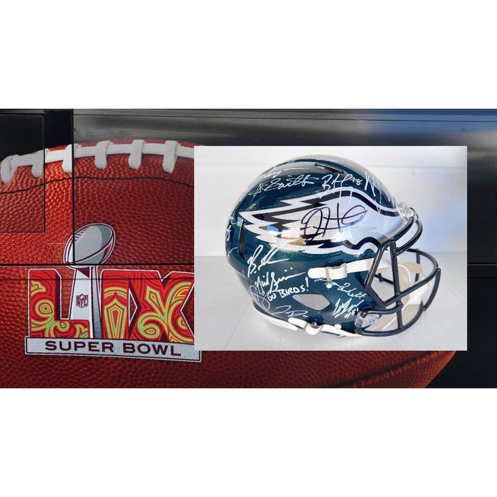 Saquon Barkley, AJ Brown, Jalen Hurts 2024 Philadelphia Eagles Riddell full size helmet 40 sigs signed with photo proof